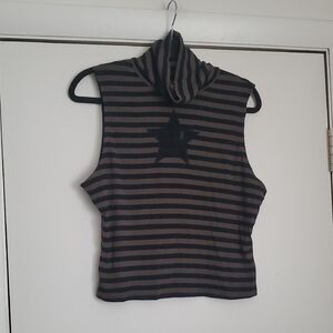 Hot Topic Black and Green Striped Star Fishnet Turtleneck Tank Top